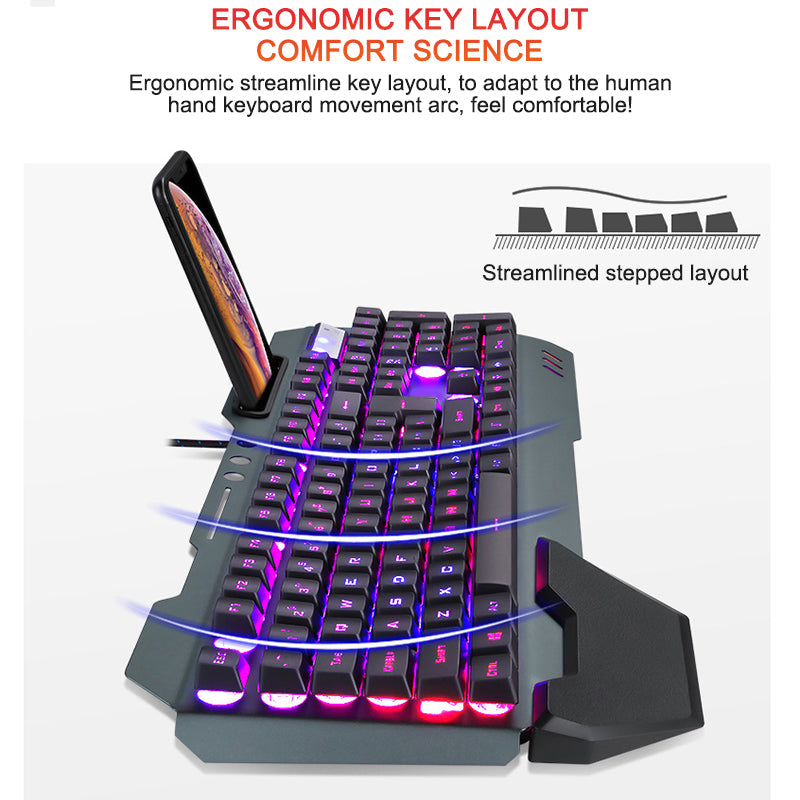Ergonomic Wired RGB Gaming Keyboard with Phone Holder